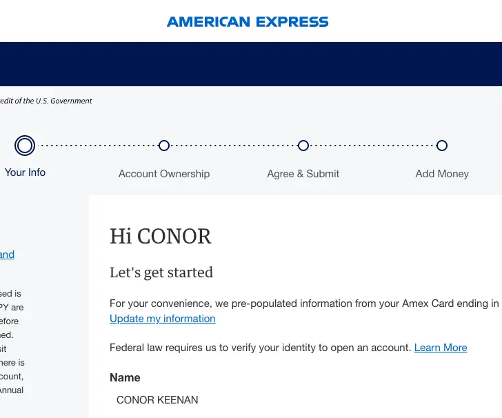 American Express savings account application screen showing pre-populated information for existing cardmembers.